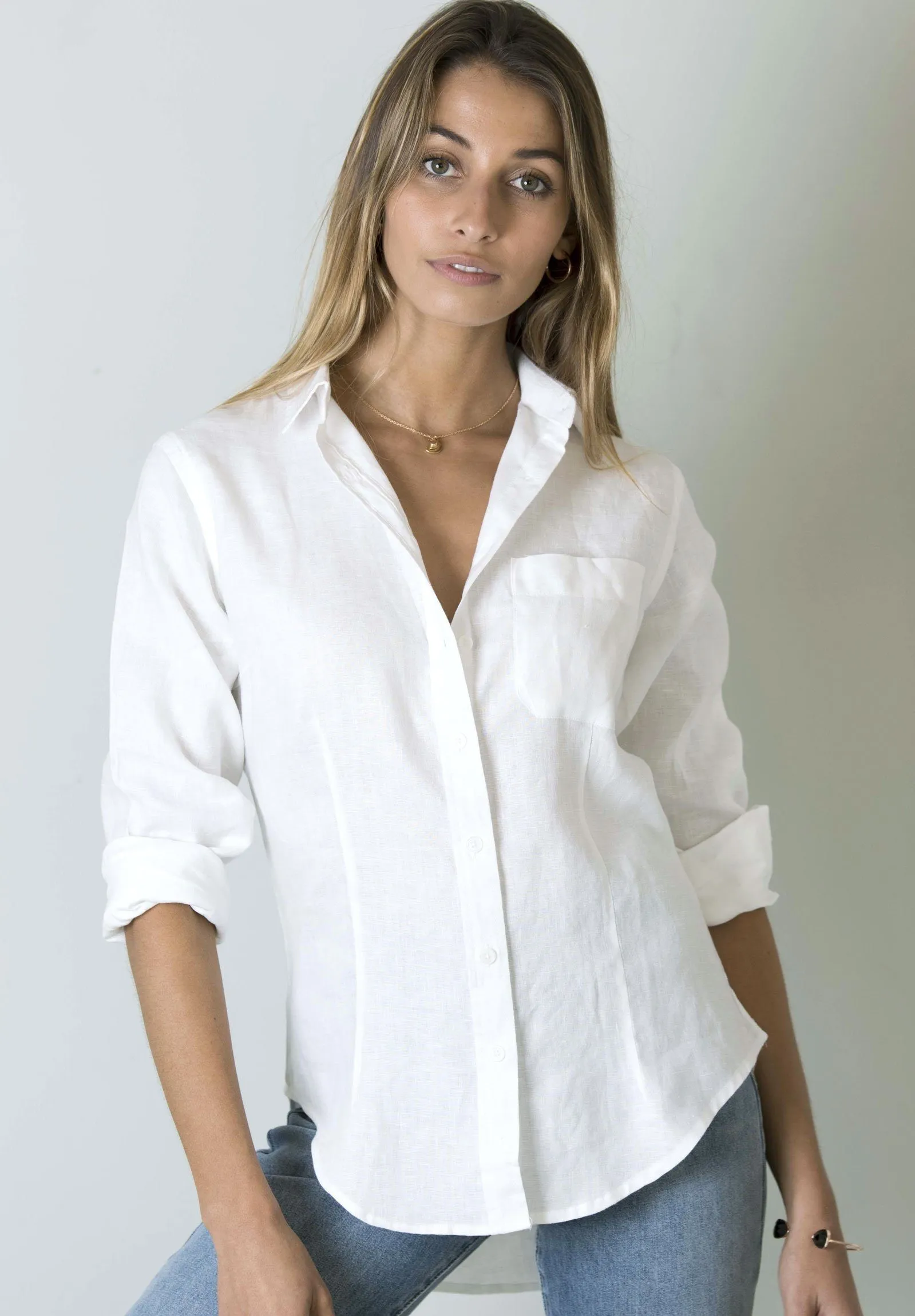 Lina White Slim-Fit Linen Shirt