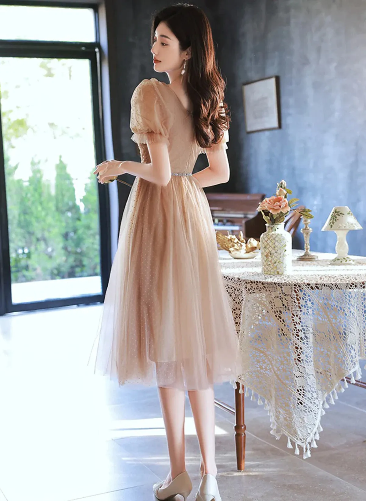 Lovely Champagne Short Sleeves Beaded Homecoming Dress, Short Prom Dress