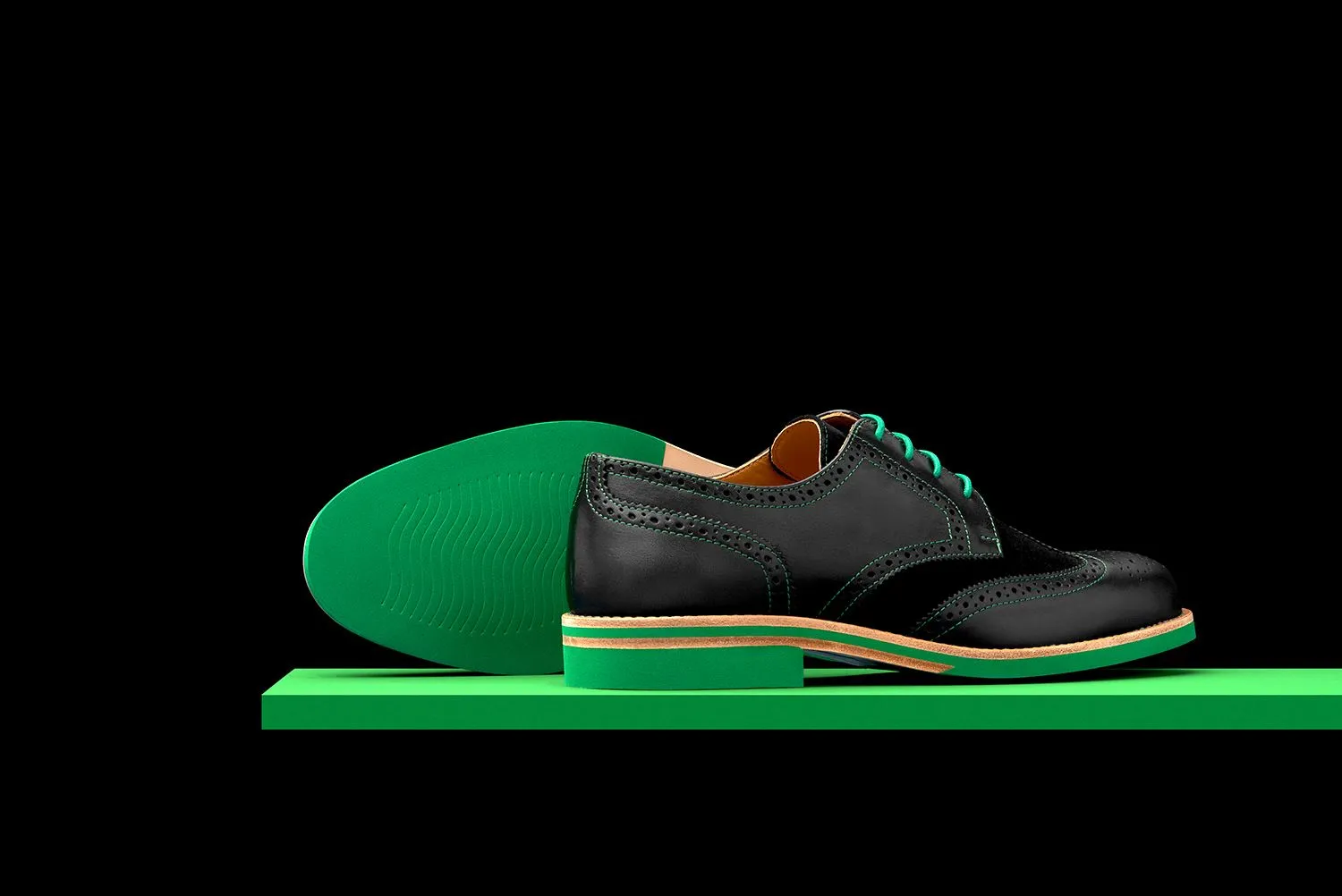 Mens Black & Green Leather Wingtip Dress Shoes