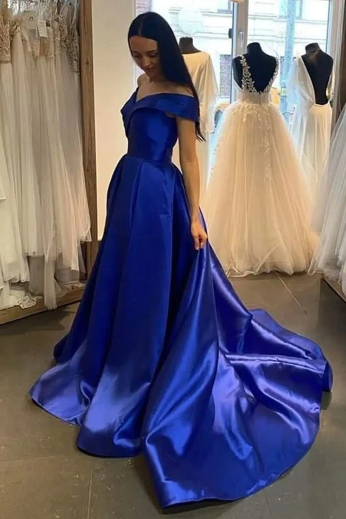 Off Shoulder Royal Blue/Purple/White Long Prom Dress,Formal Graduation Evening Dresses with Train