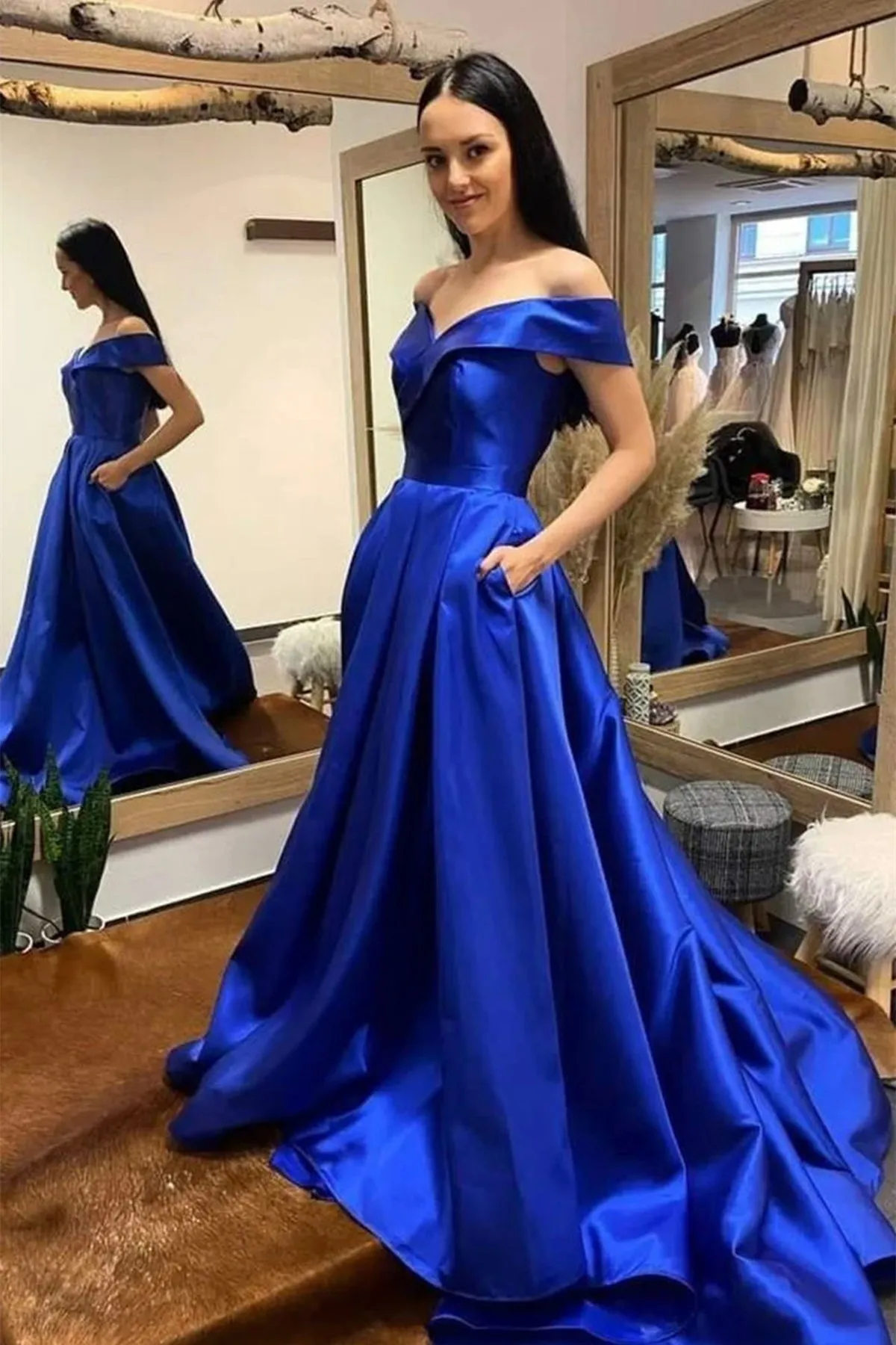 Off Shoulder Royal Blue/Purple/White Long Prom Dress,Formal Graduation Evening Dresses with Train