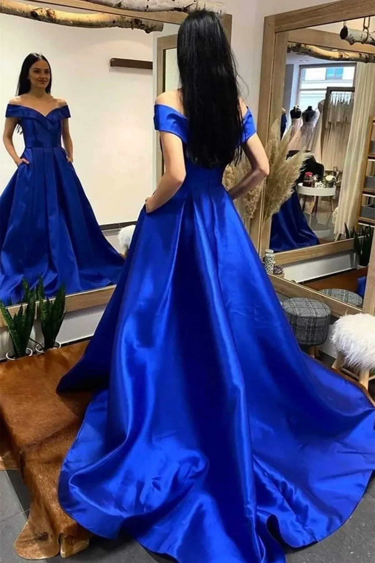 Off Shoulder Royal Blue/Purple/White Long Prom Dress,Formal Graduation Evening Dresses with Train