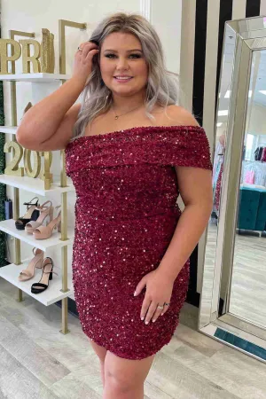 Off the Shoulder Burgundy Tight Homecoming Dress,Plus Size Cocktail Dresses Short Formal