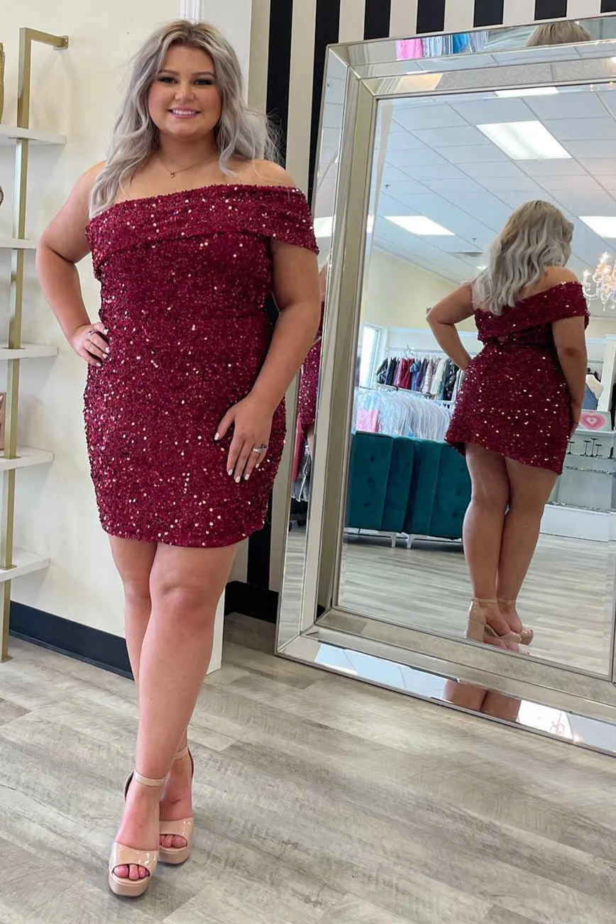 Off the Shoulder Burgundy Tight Homecoming Dress,Plus Size Cocktail Dresses Short Formal