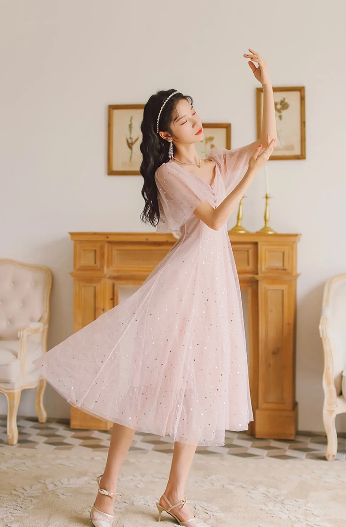 Pink Cute Tea Length Tulle Wedding Party Dress, Pink Soft Tulle Prom Dress