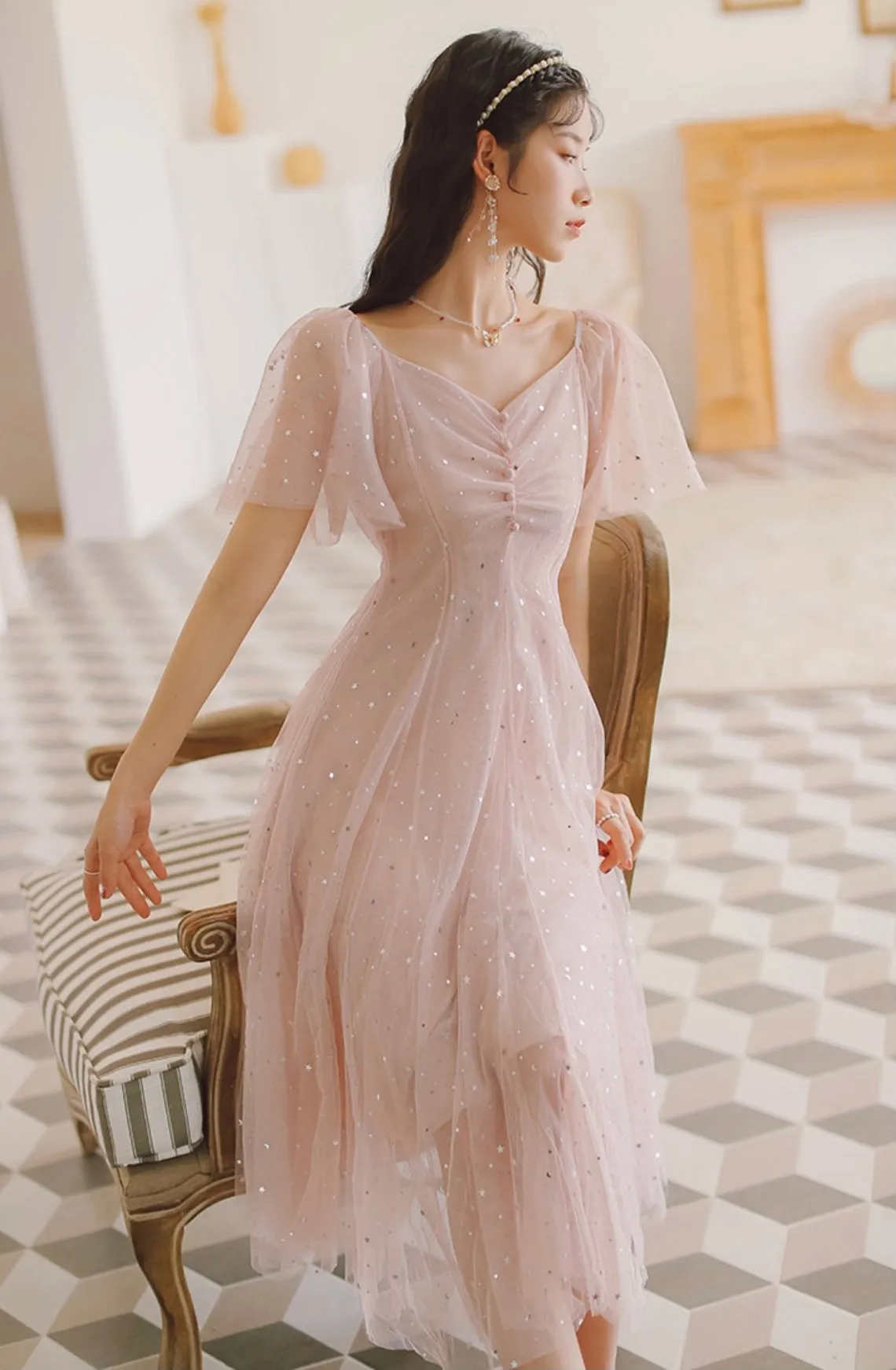 Pink Cute Tea Length Tulle Wedding Party Dress, Pink Soft Tulle Prom Dress