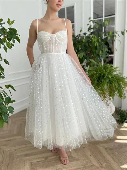 Polka Dot Tulle Corset Tea Length Wedding Dress