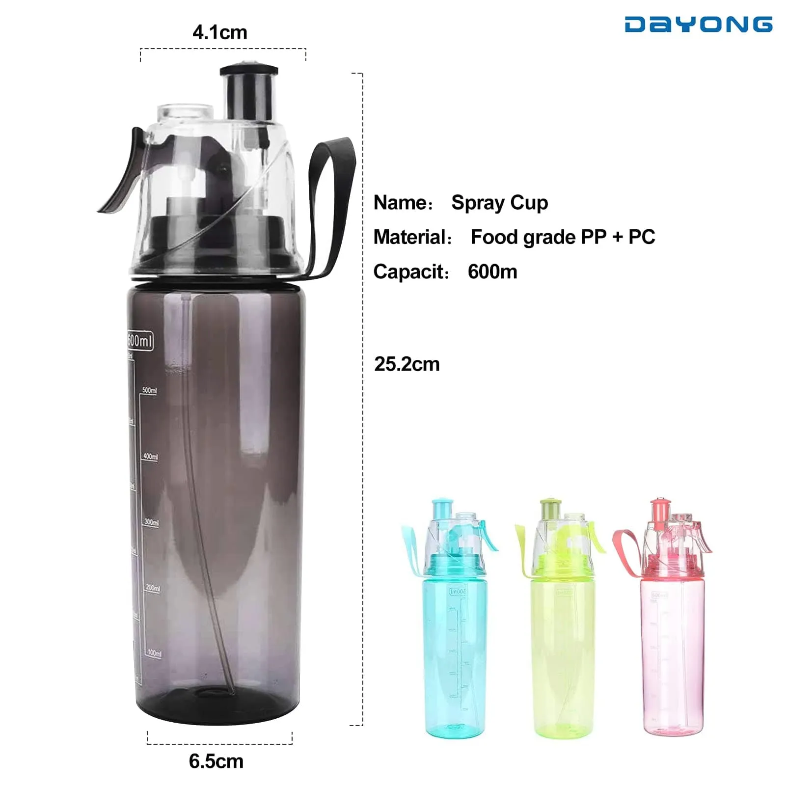 Portable 600ml Spray Water Bottle