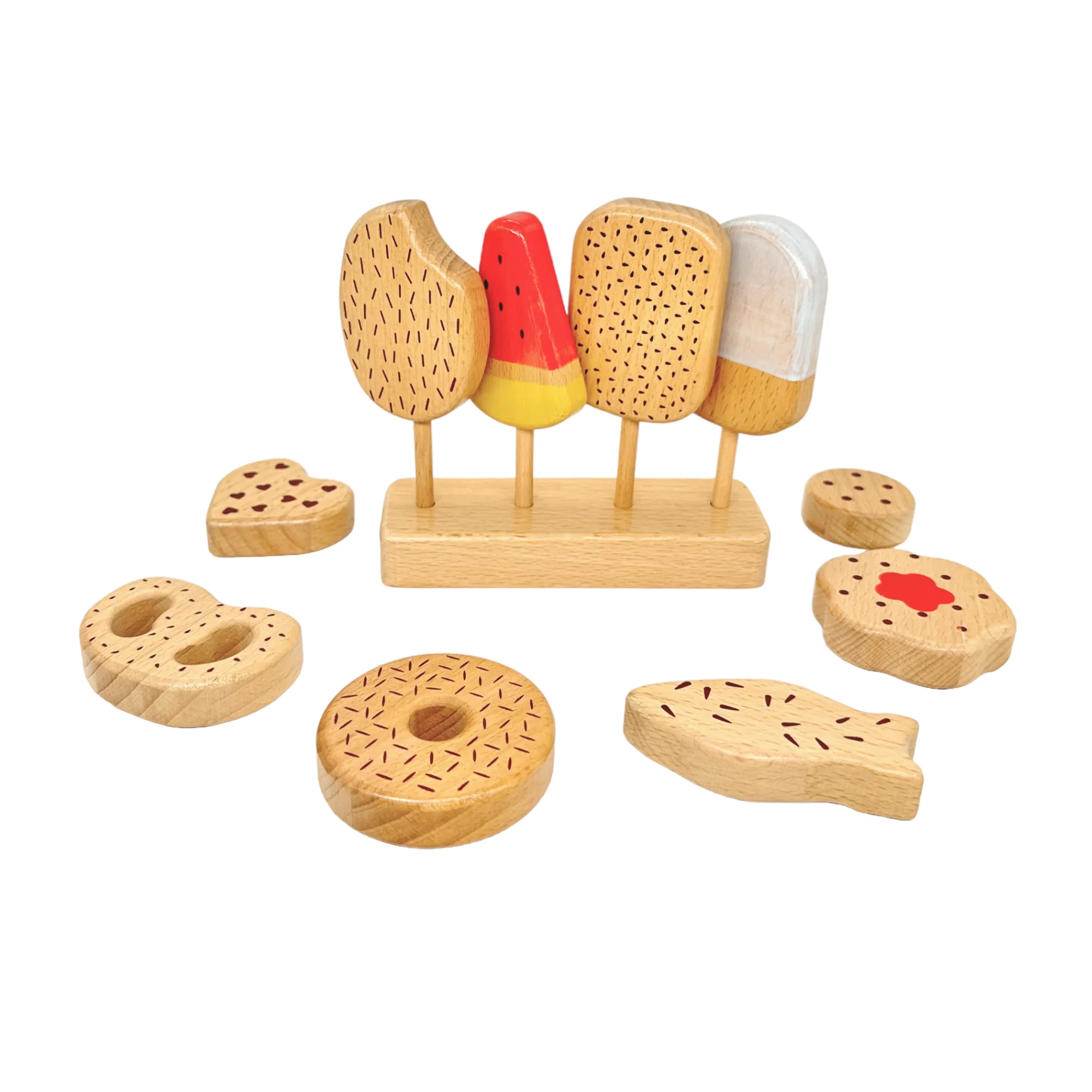 **Pre-order (Ships in 2-3 Weeks)**10 Pcs Wooden Popsicle Ice Cream Bar and Pastry Cookies Pretend Play Set