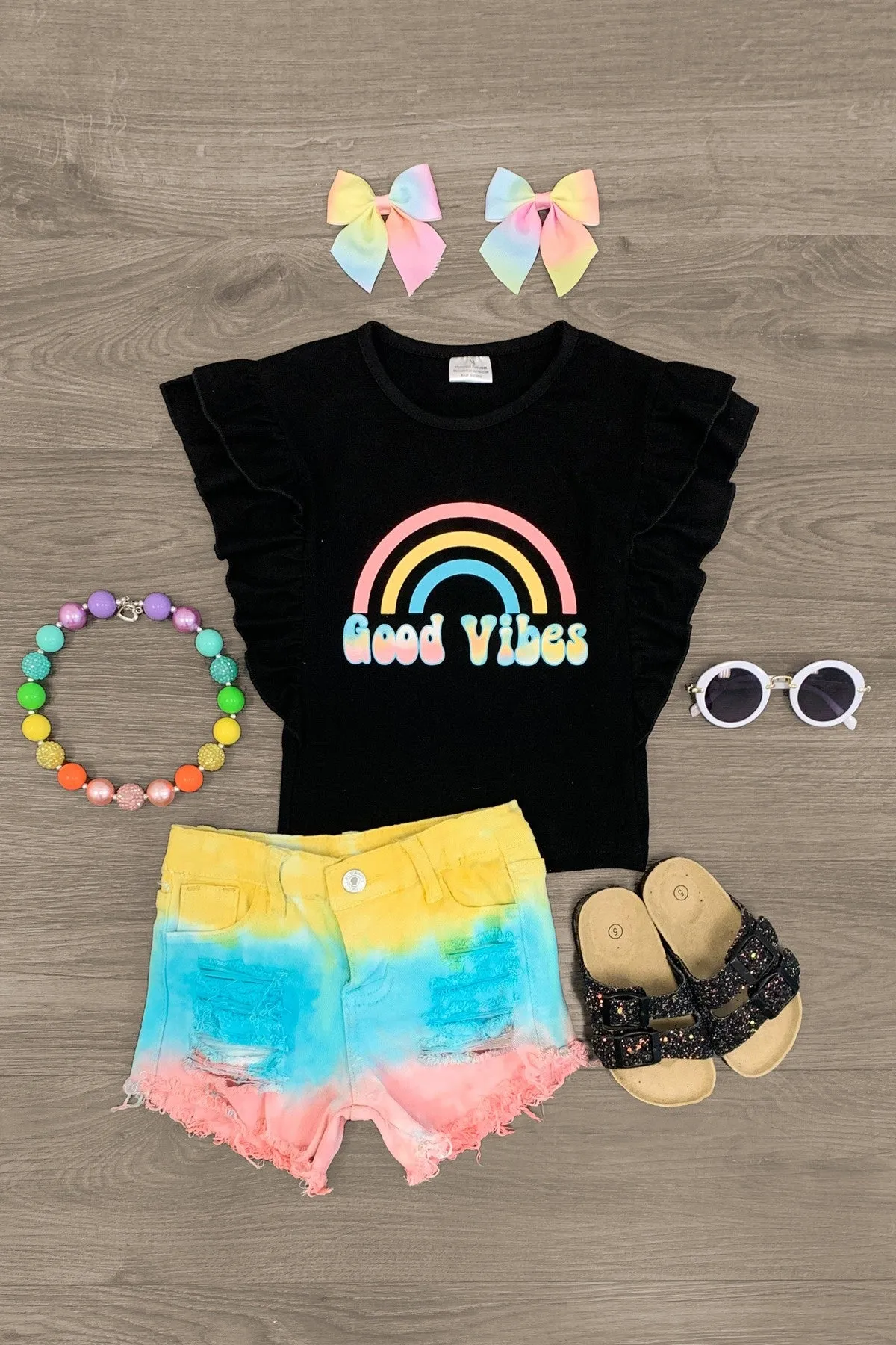 "Good Vibes" Pastel Rainbow Denim Short Set