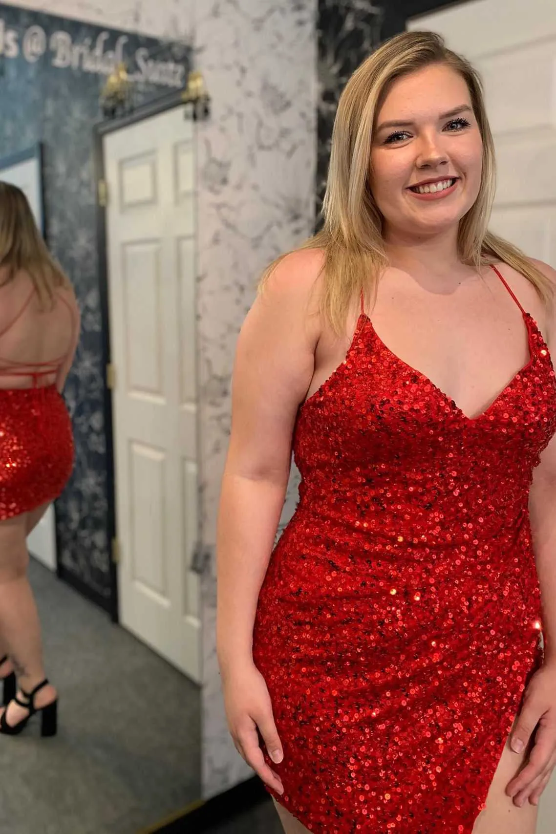 Red Sequin V-Neck Lace-Up Cocktail Dress with Slit Plus Size Hoco Dresses