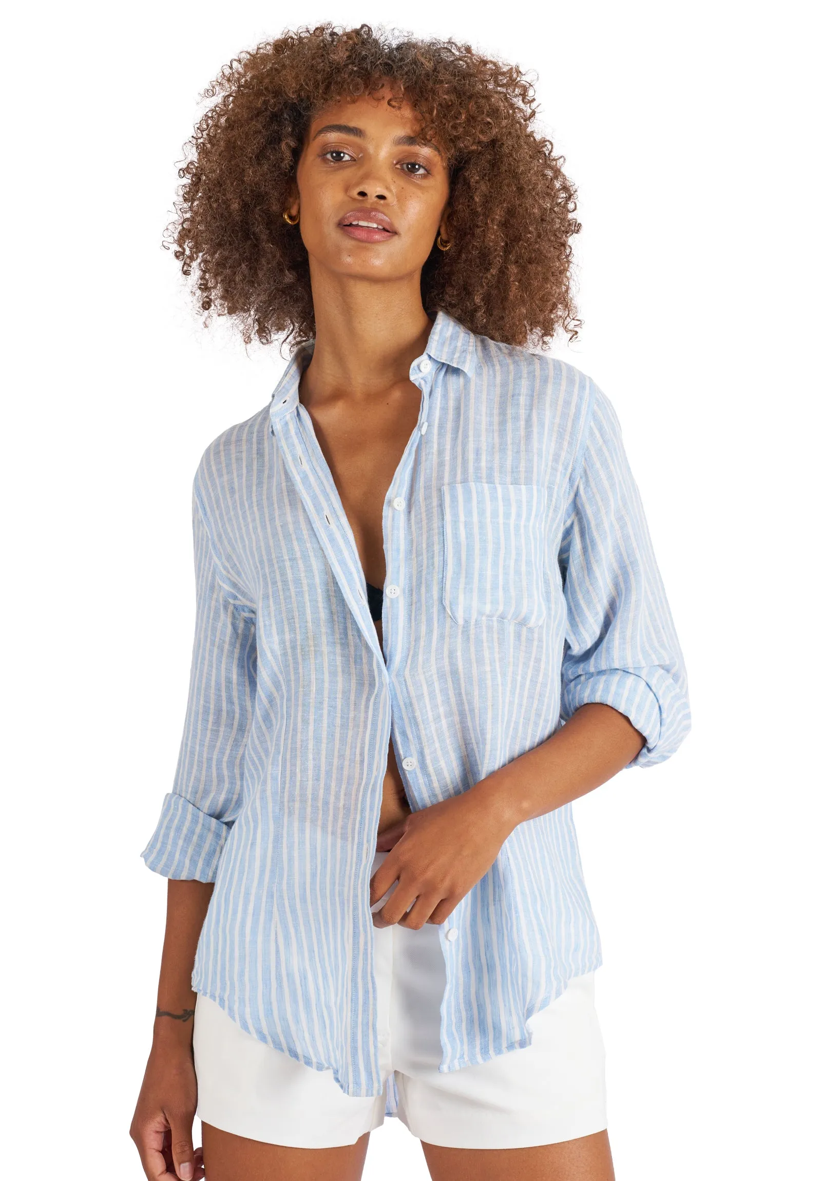 Rina Chambray Stripes Slim-Fit Linen Shirt