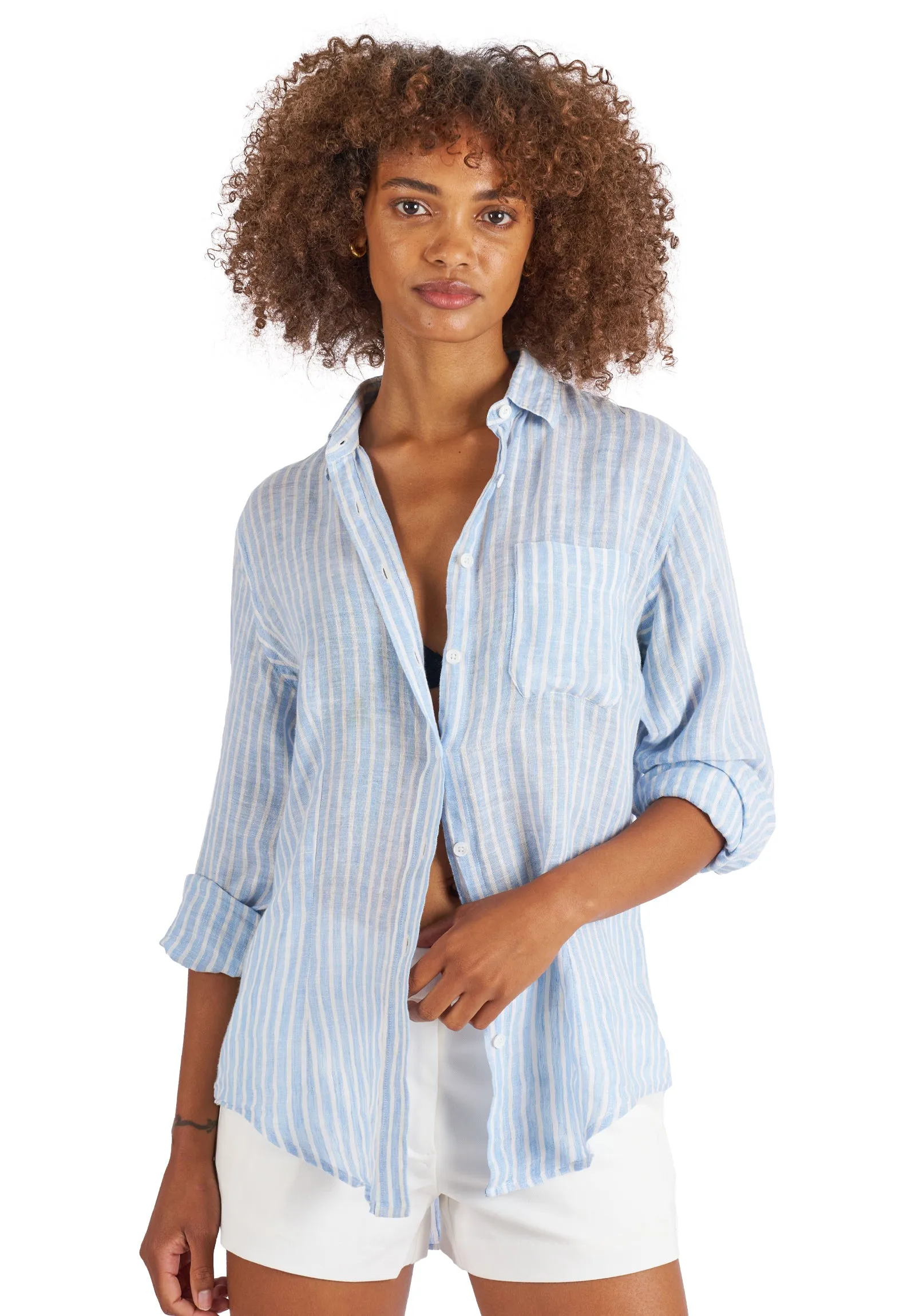 Rina Chambray Stripes Slim-Fit Linen Shirt