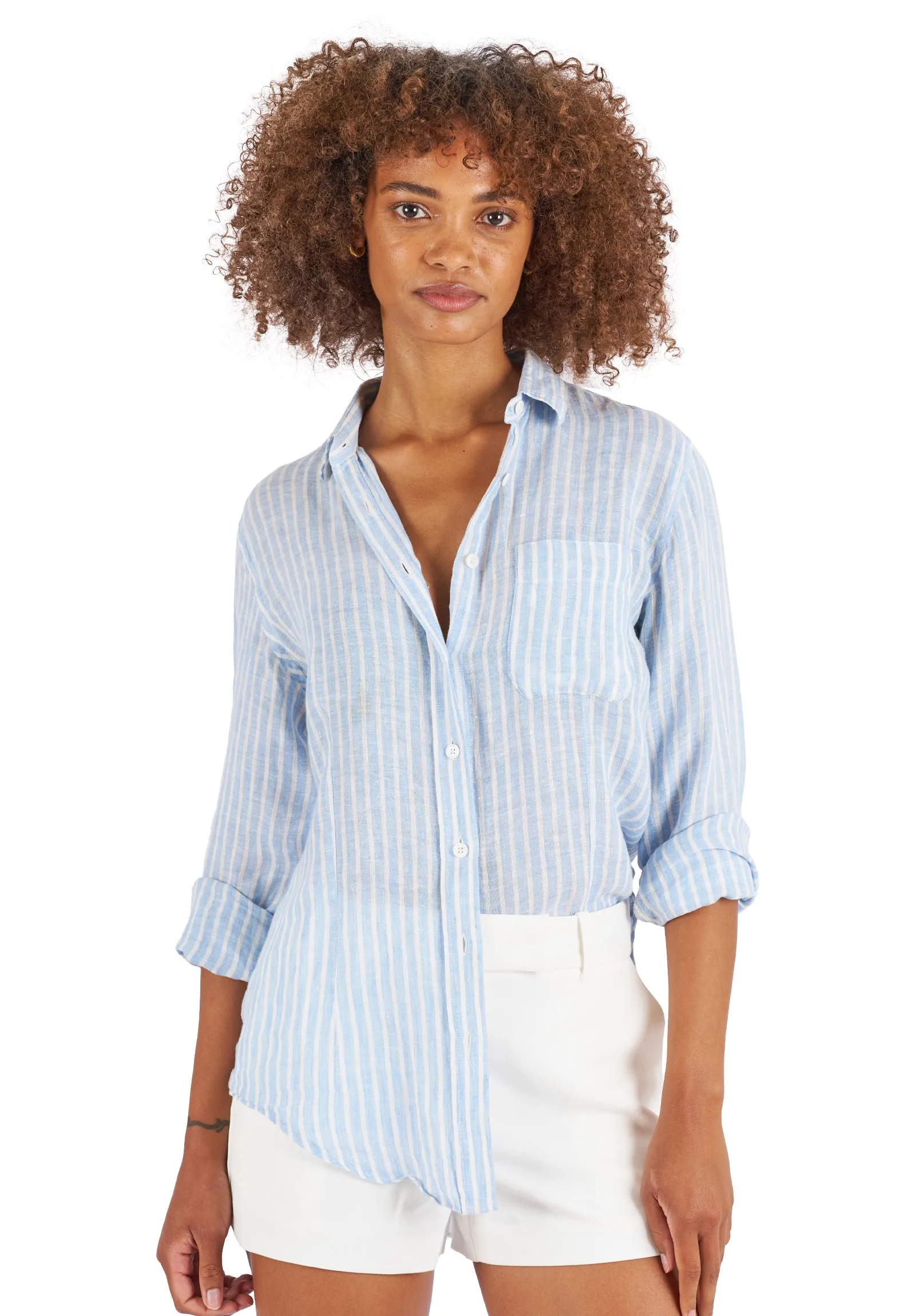 Rina Chambray Stripes Slim-Fit Linen Shirt