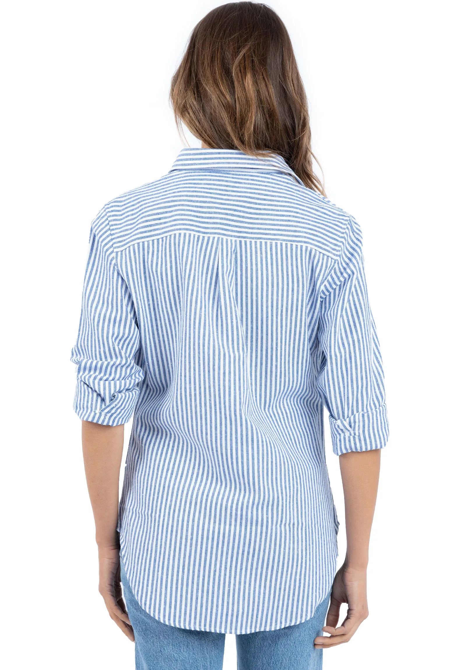 Rina Navy Blue Pin Stripes Slim-Fit Linen Cotton Shirt