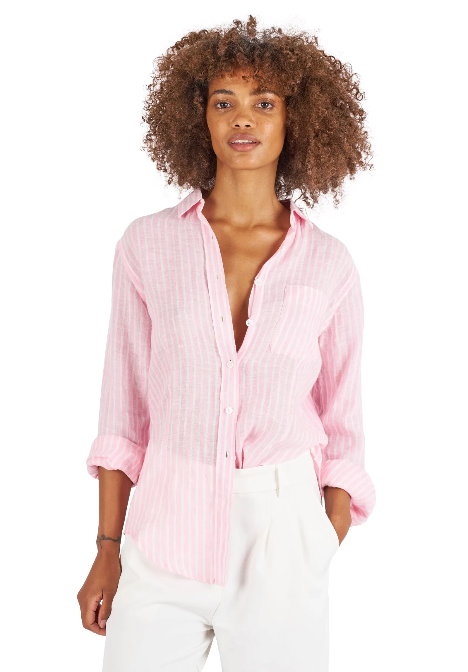 Rina Pink Stripes Slim-Fit Linen Shirt