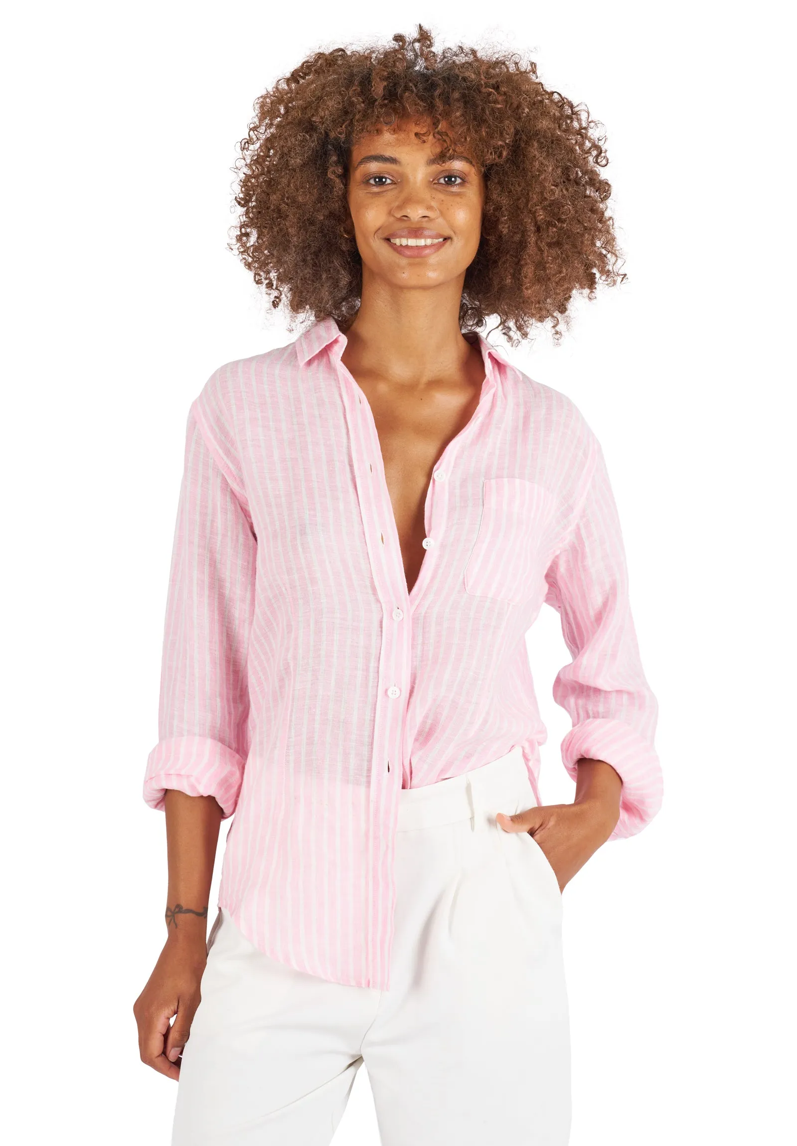 Rina Pink Stripes Slim-Fit Linen Shirt