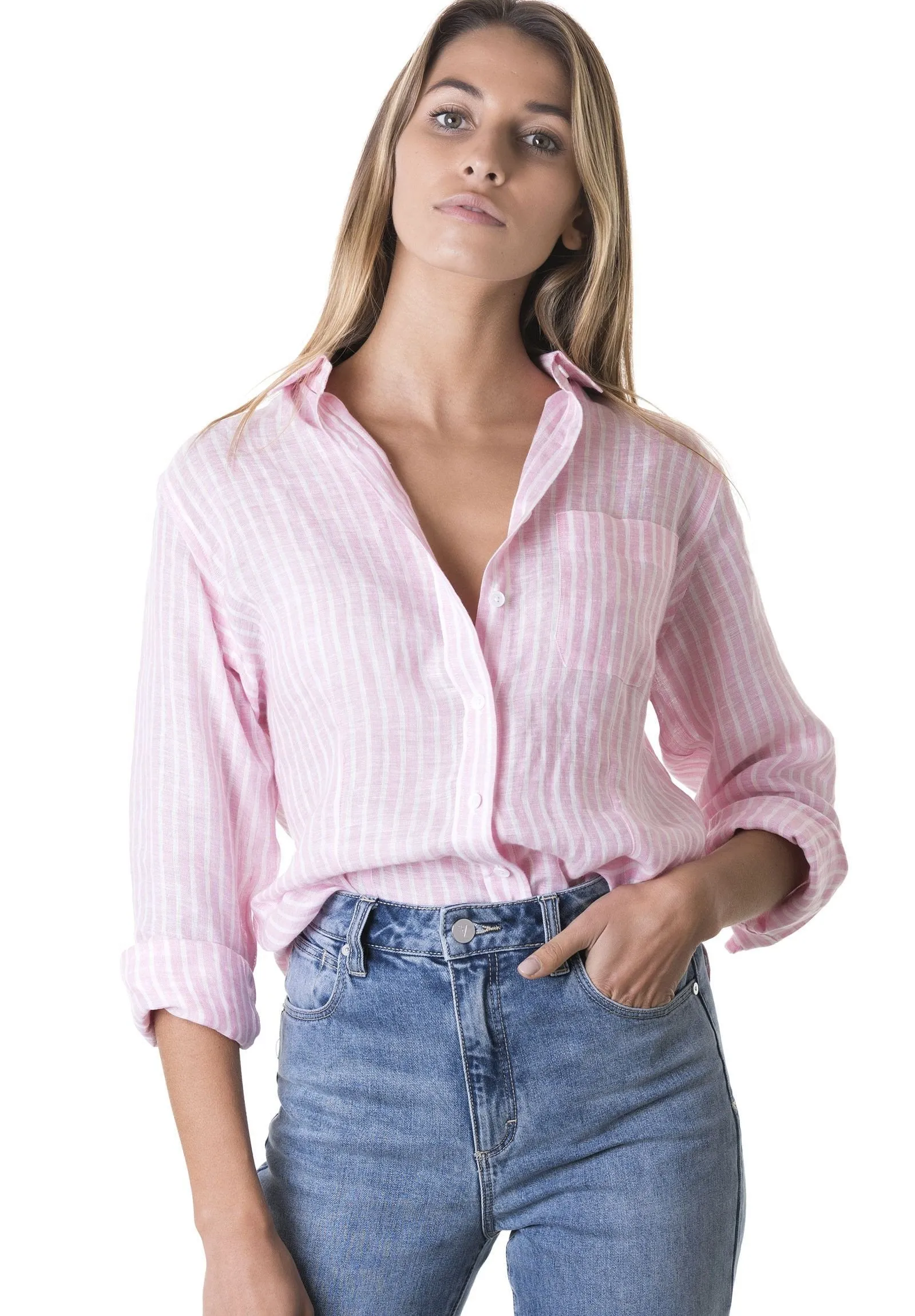 Rina Pink Stripes Slim-Fit Linen Shirt