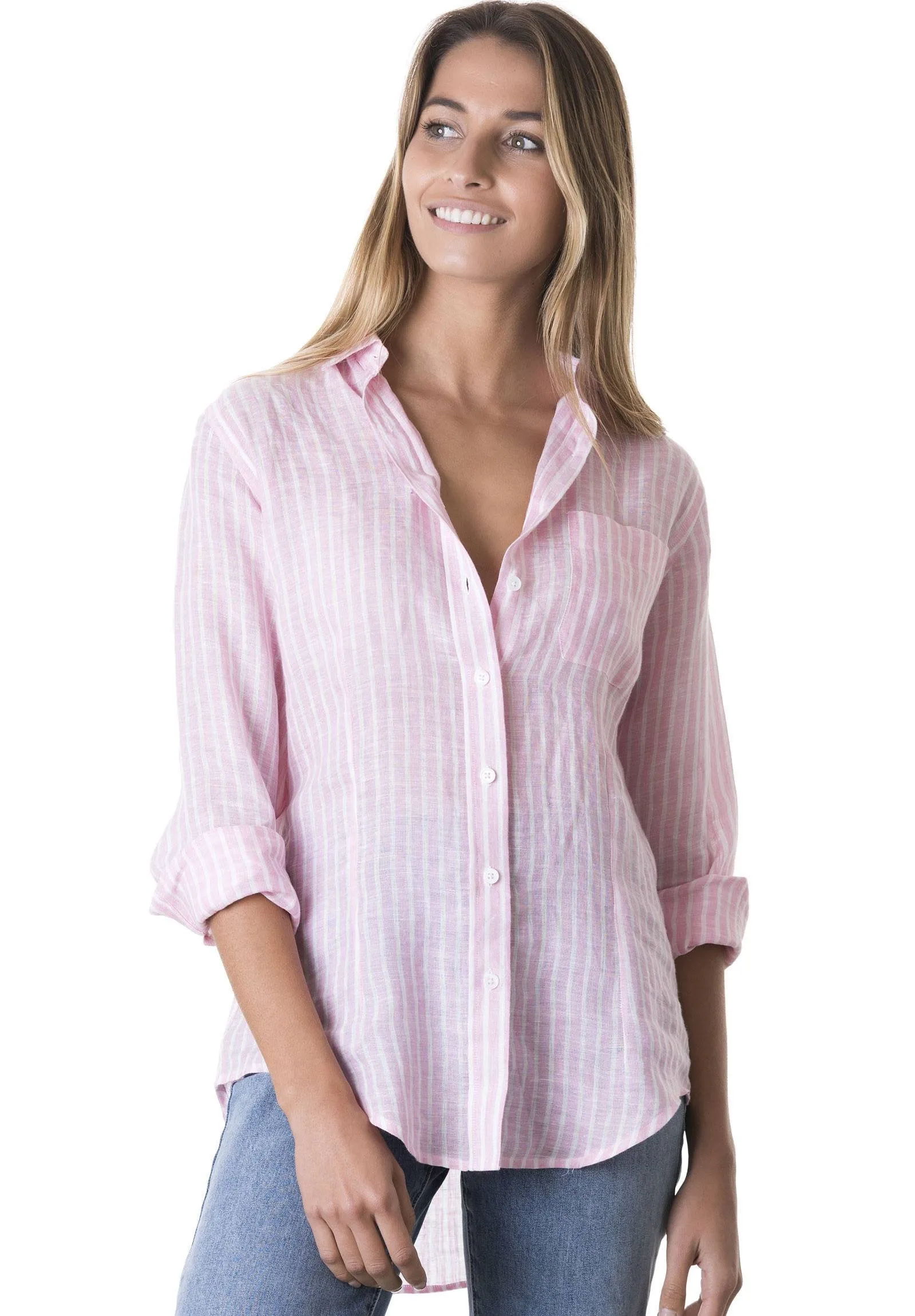 Rina Pink Stripes Slim-Fit Linen Shirt