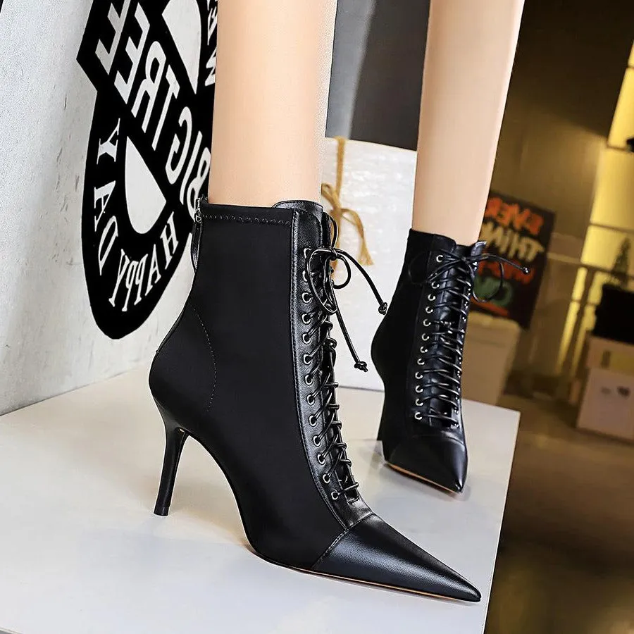 Sexy High Heel Pointed Toe Lace-up Boots