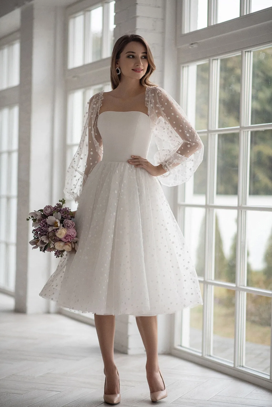 Short Polka Dot Wedding Dress with Bubble Sleeves