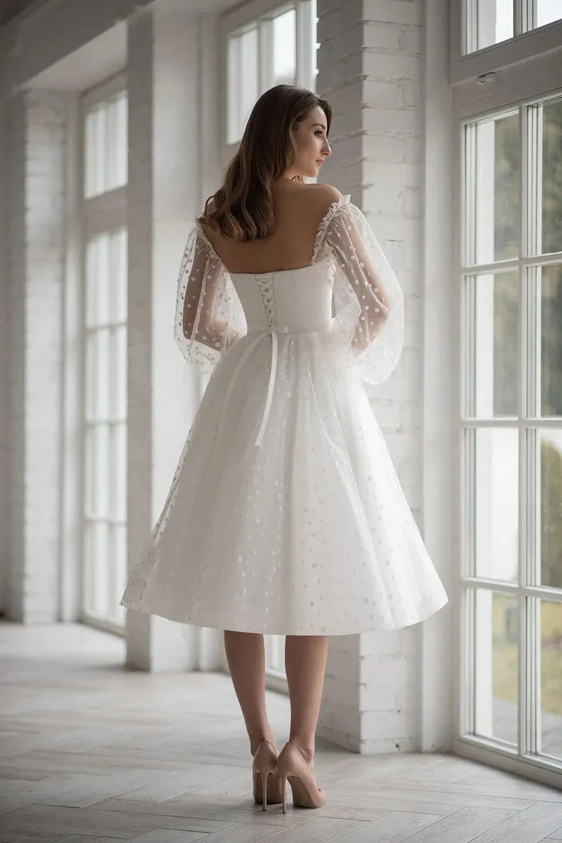 Short Polka Dot Wedding Dress with Bubble Sleeves