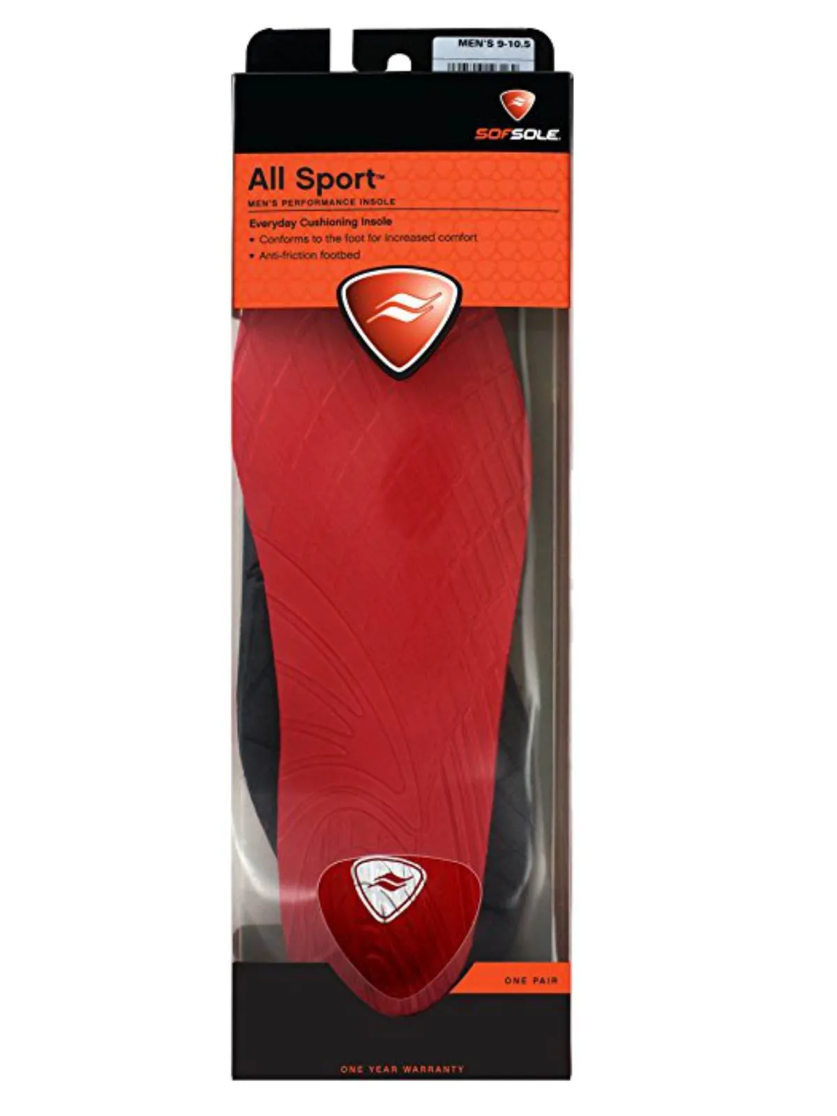 Sof Sole Mens Black and Red Everyday Perfomance Cushioning Insole ( 7-8.5)