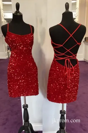 Sparkly Spaghetti Straps Red Sequin Fitted Homecoming Dress,Back Open Gala Dresses Short