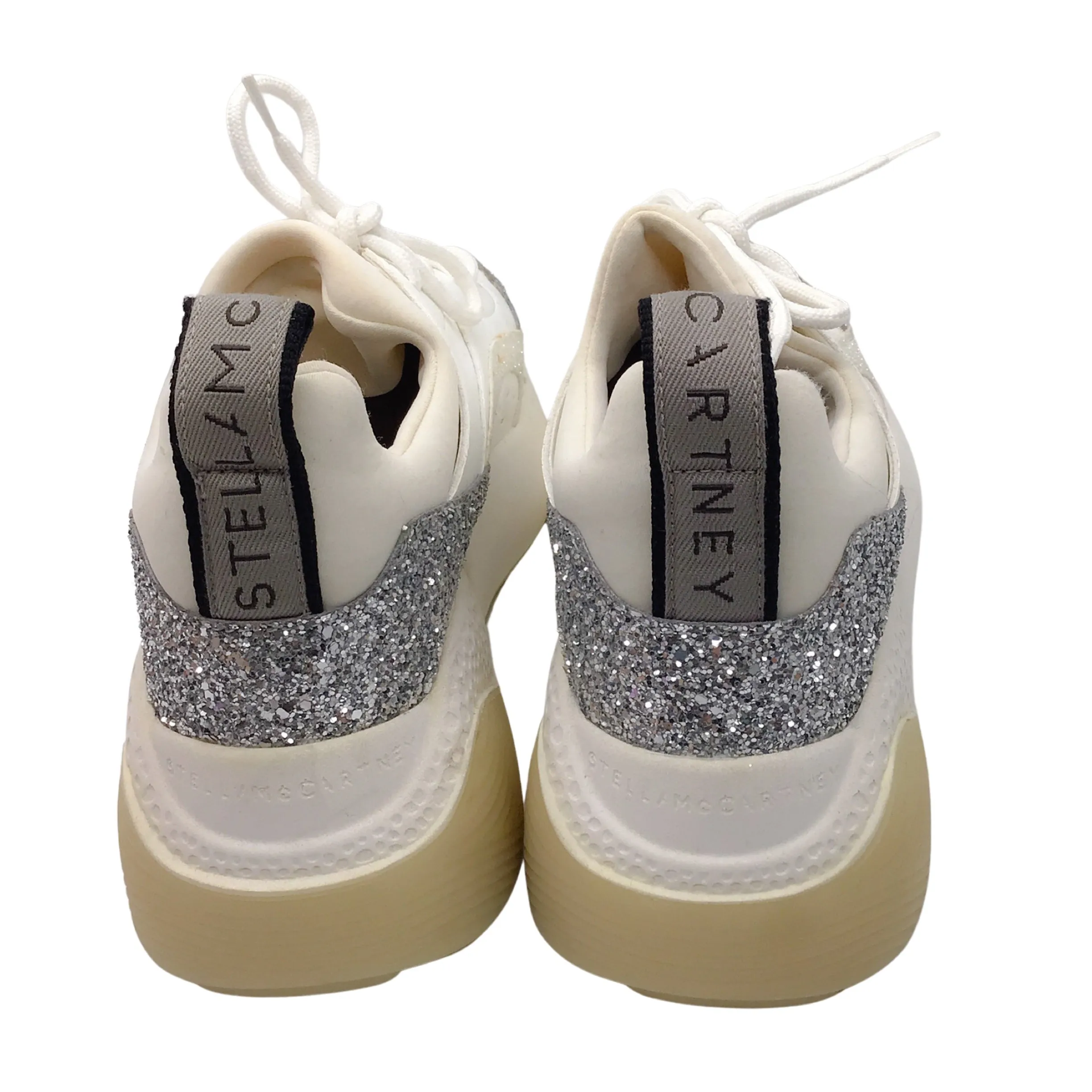 Stella McCartney Eclypse White / Silver Metallic Glitter Detail Chunky Sole Lace-up Leather Sneakers