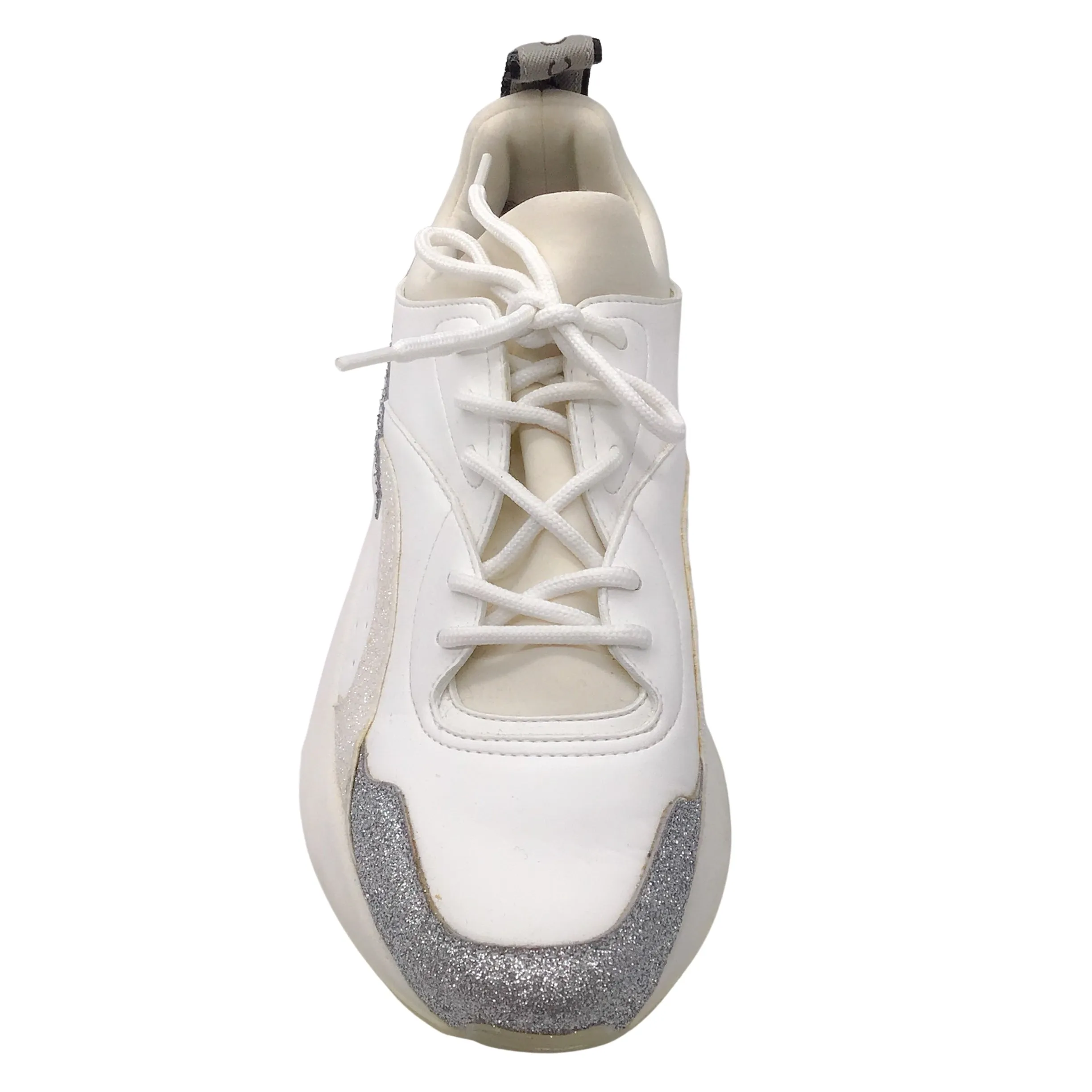 Stella McCartney Eclypse White / Silver Metallic Glitter Detail Chunky Sole Lace-up Leather Sneakers