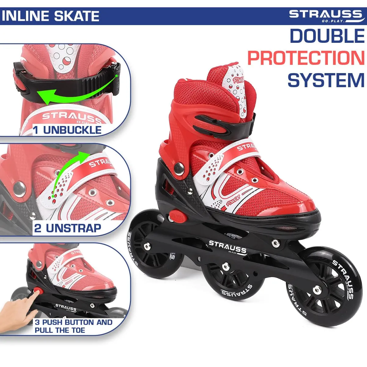 STRAUSS Blaze Adjustable Size Inline Skates | Skating Shoes for Boys & Girls | 3 Wheels |Beginner-Friendly Skating Shoe | Adjustable Roller Blades | Enhanced Stability and Support| Size L,(Red)