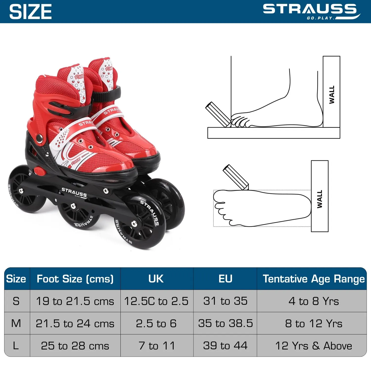 STRAUSS Blaze Adjustable Size Inline Skates | Skating Shoes for Boys & Girls | 3 Wheels |Beginner-Friendly Skating Shoe | Adjustable Roller Blades | Enhanced Stability and Support| Size L,(Red)