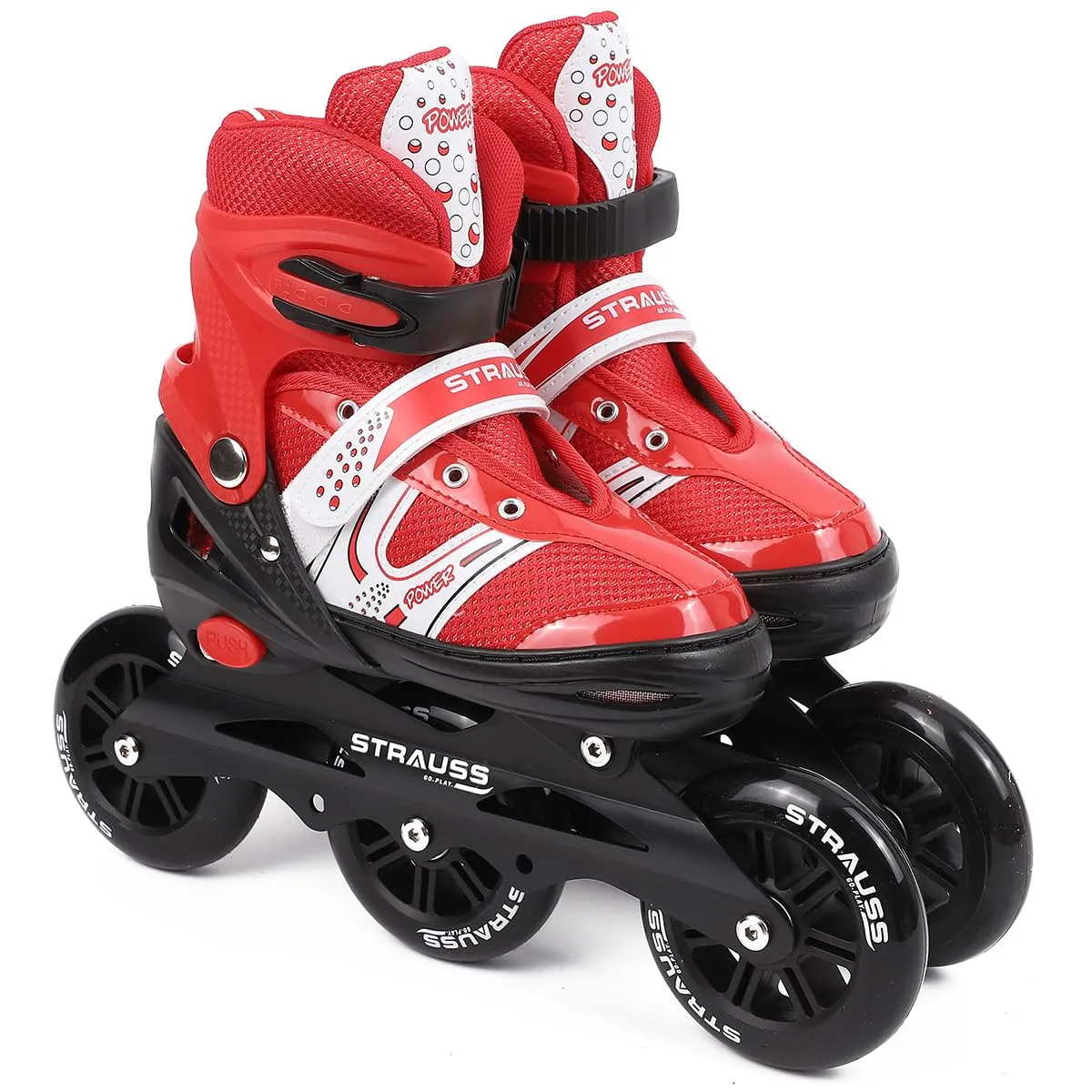 STRAUSS Blaze Adjustable Size Inline Skates | Skating Shoes for Boys & Girls | 3 Wheels |Beginner-Friendly Skating Shoe | Adjustable Roller Blades | Enhanced Stability and Support| Size L,(Red)