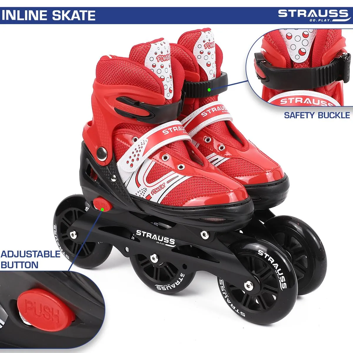 STRAUSS Blaze Adjustable Size Inline Skates | Skating Shoes for Boys & Girls | 3 Wheels |Beginner-Friendly Skating Shoe | Adjustable Roller Blades | Enhanced Stability and Support| Size L,(Red)