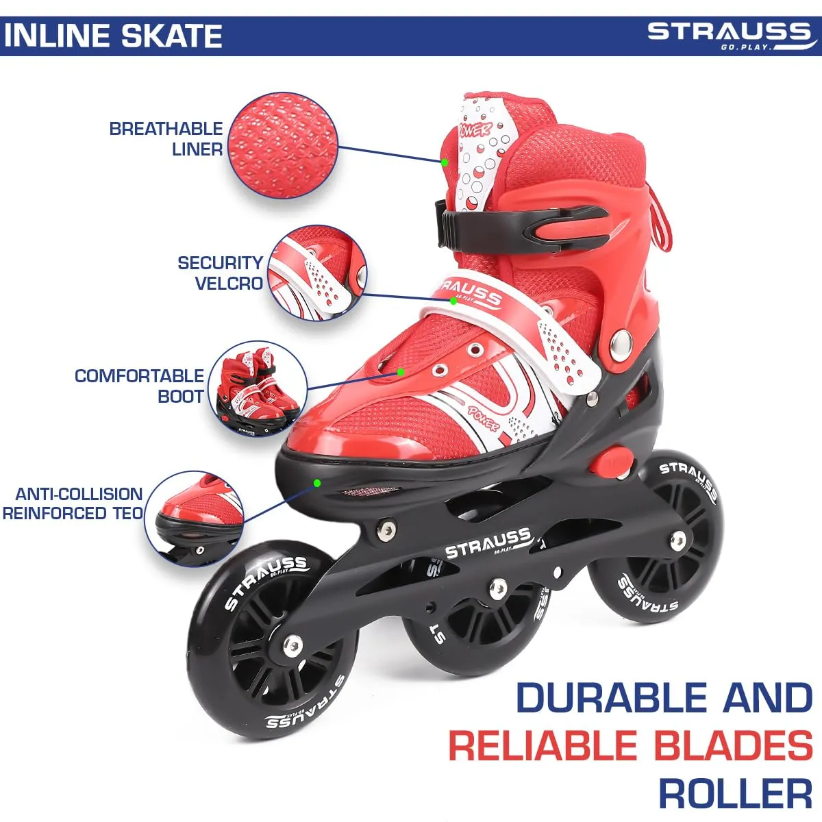 STRAUSS Blaze Adjustable Size Inline Skates | Skating Shoes for Boys & Girls | 3 Wheels |Beginner-Friendly Skating Shoe | Adjustable Roller Blades | Enhanced Stability and Support| Size L,(Red)