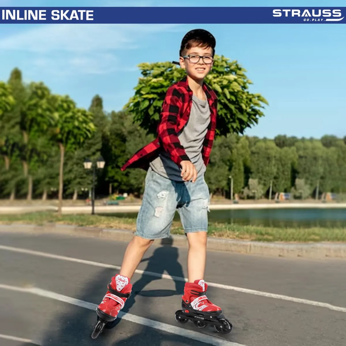 STRAUSS Blaze Adjustable Size Inline Skates | Skating Shoes for Boys & Girls | 3 Wheels |Beginner-Friendly Skating Shoe | Adjustable Roller Blades | Enhanced Stability and Support| Size L,(Red)