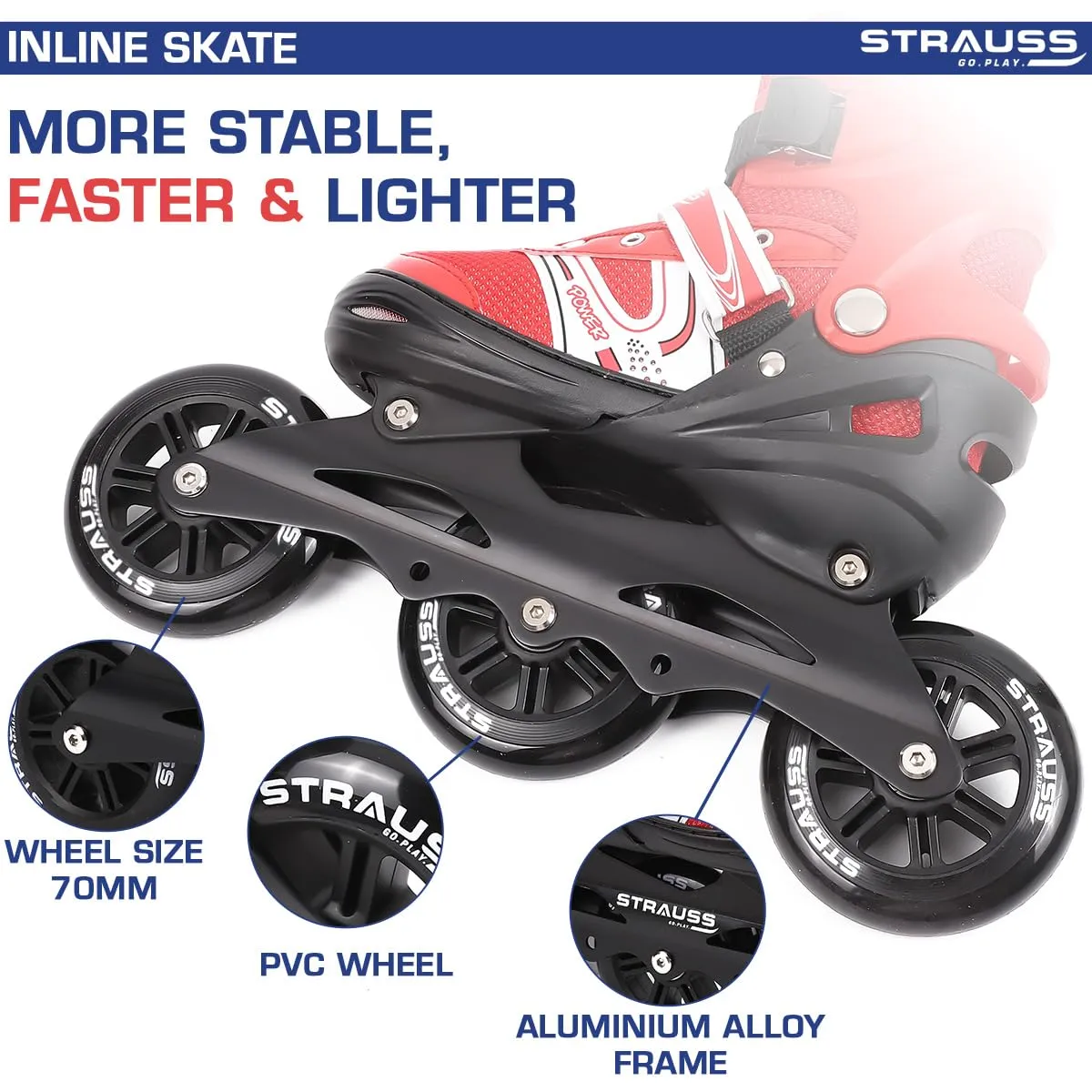 STRAUSS Blaze Adjustable Size Inline Skates | Skating Shoes for Boys & Girls | 3 Wheels |Beginner-Friendly Skating Shoe | Adjustable Roller Blades | Enhanced Stability and Support| Size L,(Red)