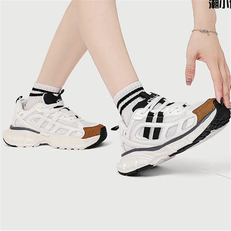 TAVIMART  -  Trend Mixed Color Patchwork Round Toe Thick Bottom Chunky Heels Women Sneakers Lace Up Runaway Popular Casual Ladies Shoes