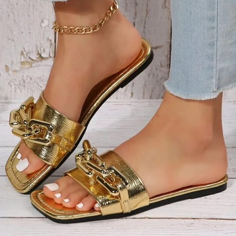 Toleet New Metallic Chain Decor Slide Sandals Women Slides Flat Bottom Non-slip Outdoor Beach Woman Soft Slippers Summer Shoes