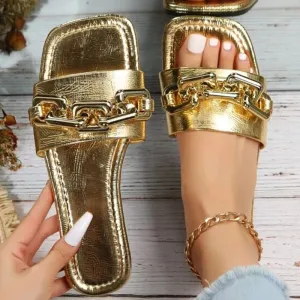 Toleet New Metallic Chain Decor Slide Sandals Women Slides Flat Bottom Non-slip Outdoor Beach Woman Soft Slippers Summer Shoes