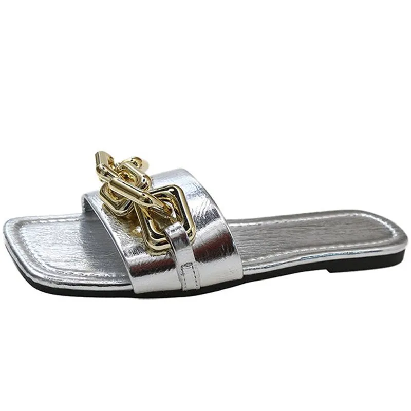 Toleet New Metallic Chain Decor Slide Sandals Women Slides Flat Bottom Non-slip Outdoor Beach Woman Soft Slippers Summer Shoes