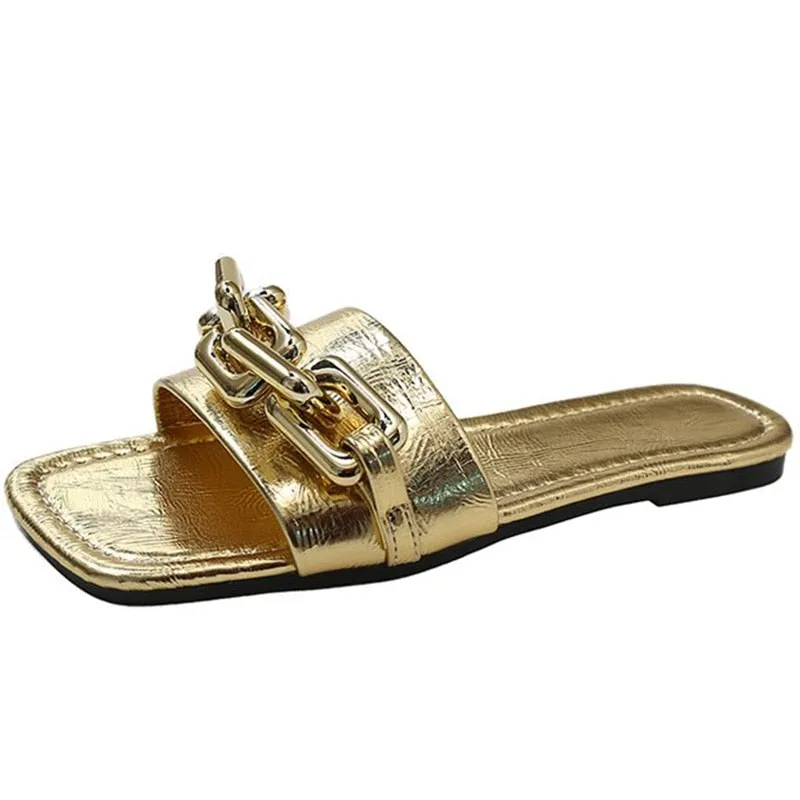 Toleet New Metallic Chain Decor Slide Sandals Women Slides Flat Bottom Non-slip Outdoor Beach Woman Soft Slippers Summer Shoes