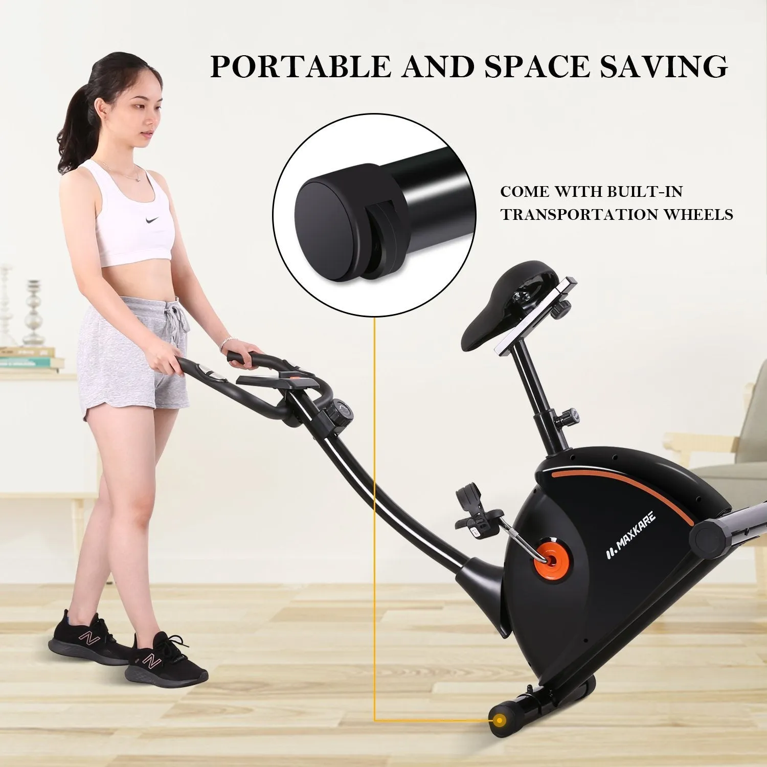 Upright Exercise Bike Stationary Bike with Adjustable Cushion Seat and Magnetic Resistance Pulse Monitor Transport Wheels and Tablet Holder