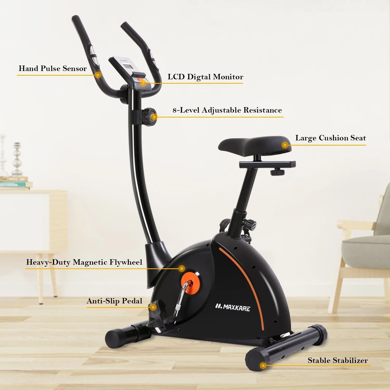 Upright Exercise Bike Stationary Bike with Adjustable Cushion Seat and Magnetic Resistance Pulse Monitor Transport Wheels and Tablet Holder