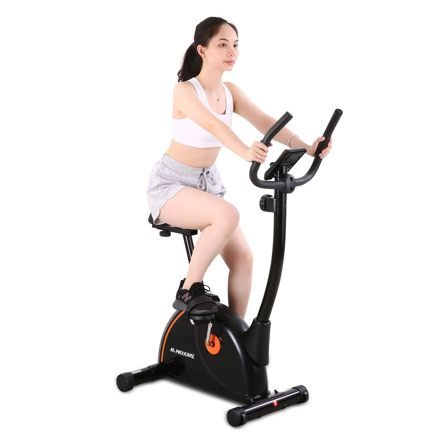 Upright Exercise Bike Stationary Bike with Adjustable Cushion Seat and Magnetic Resistance Pulse Monitor Transport Wheels and Tablet Holder