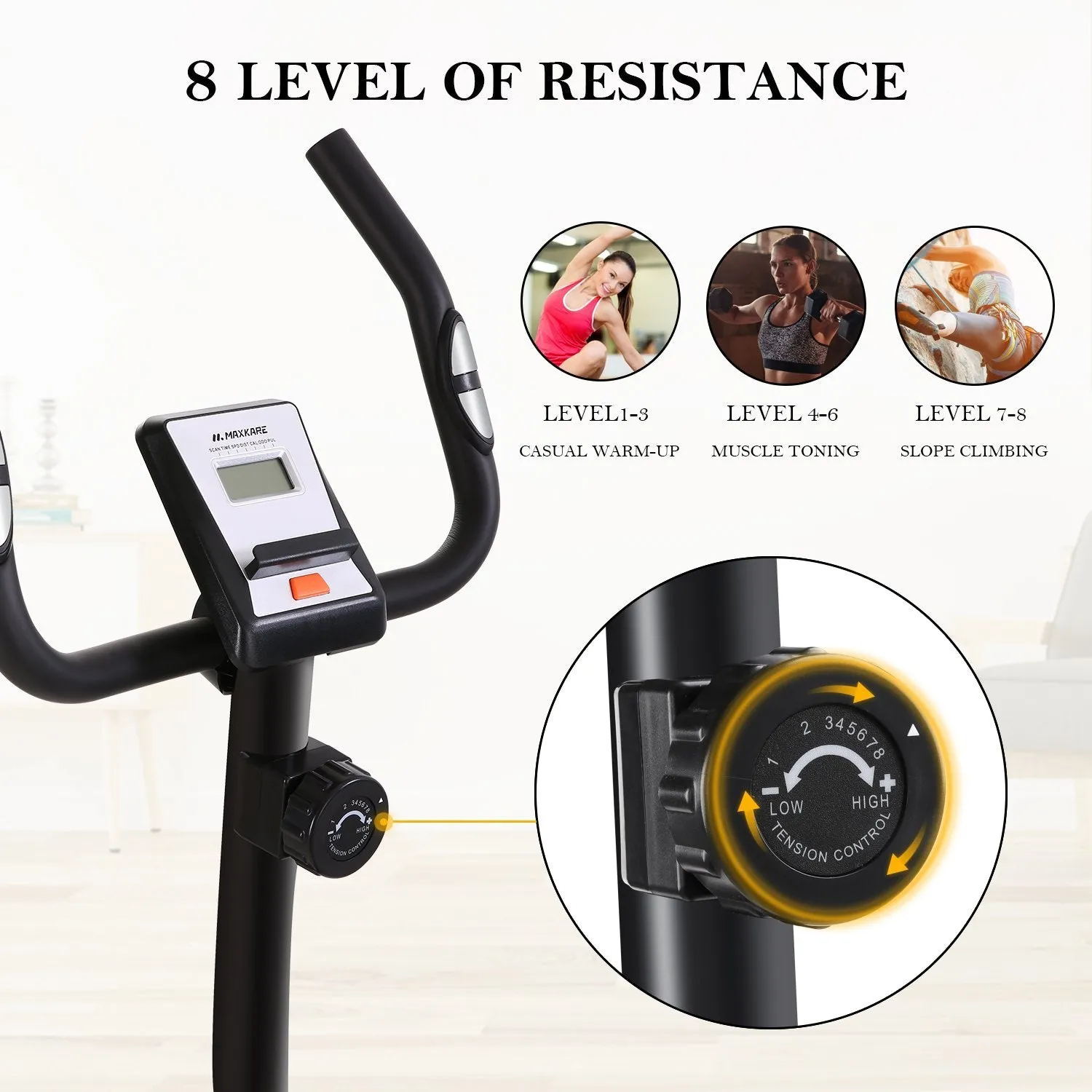 Upright Exercise Bike Stationary Bike with Adjustable Cushion Seat and Magnetic Resistance Pulse Monitor Transport Wheels and Tablet Holder