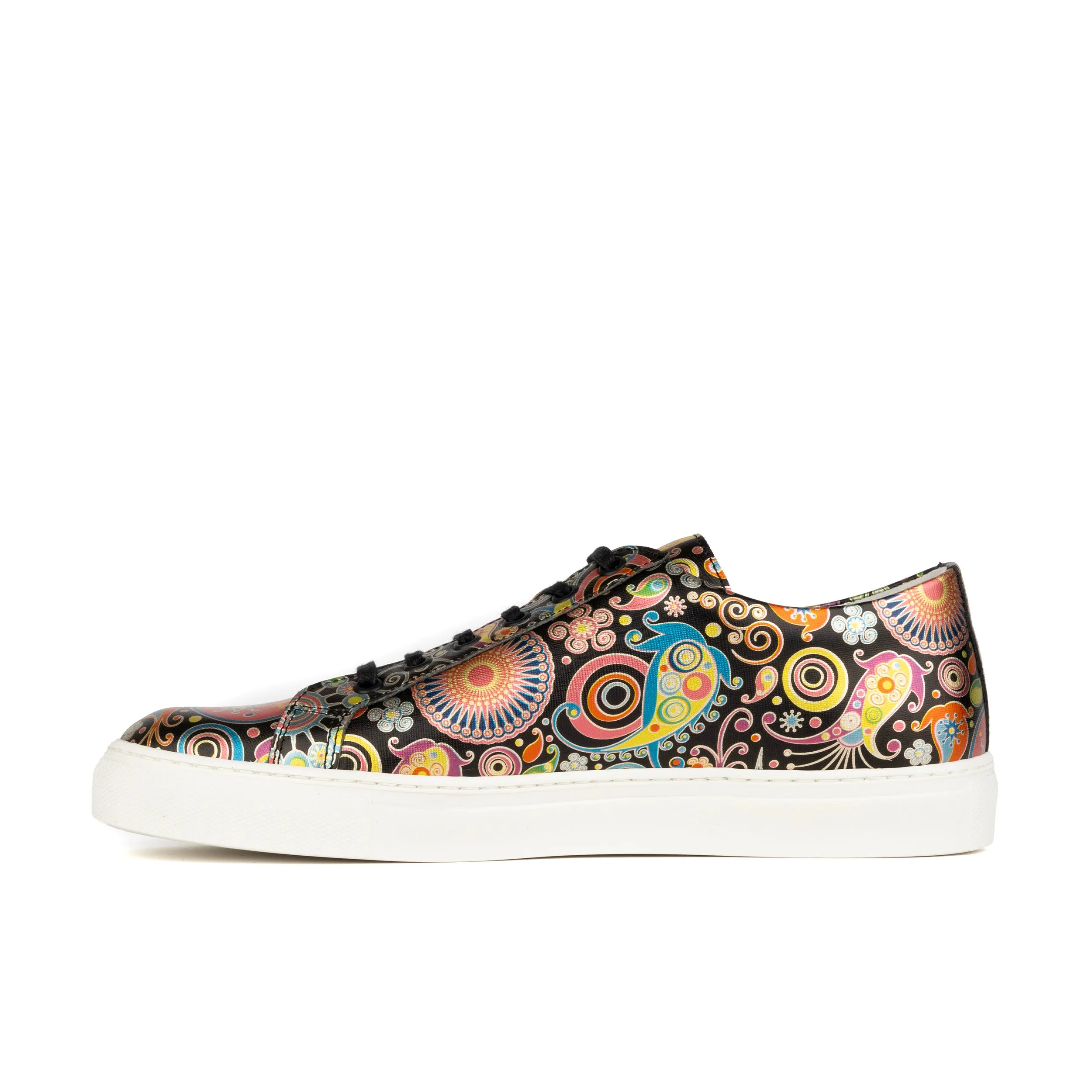 Valencia - Navy & Pink - Men's leather white rubber soles trainer in colourful print