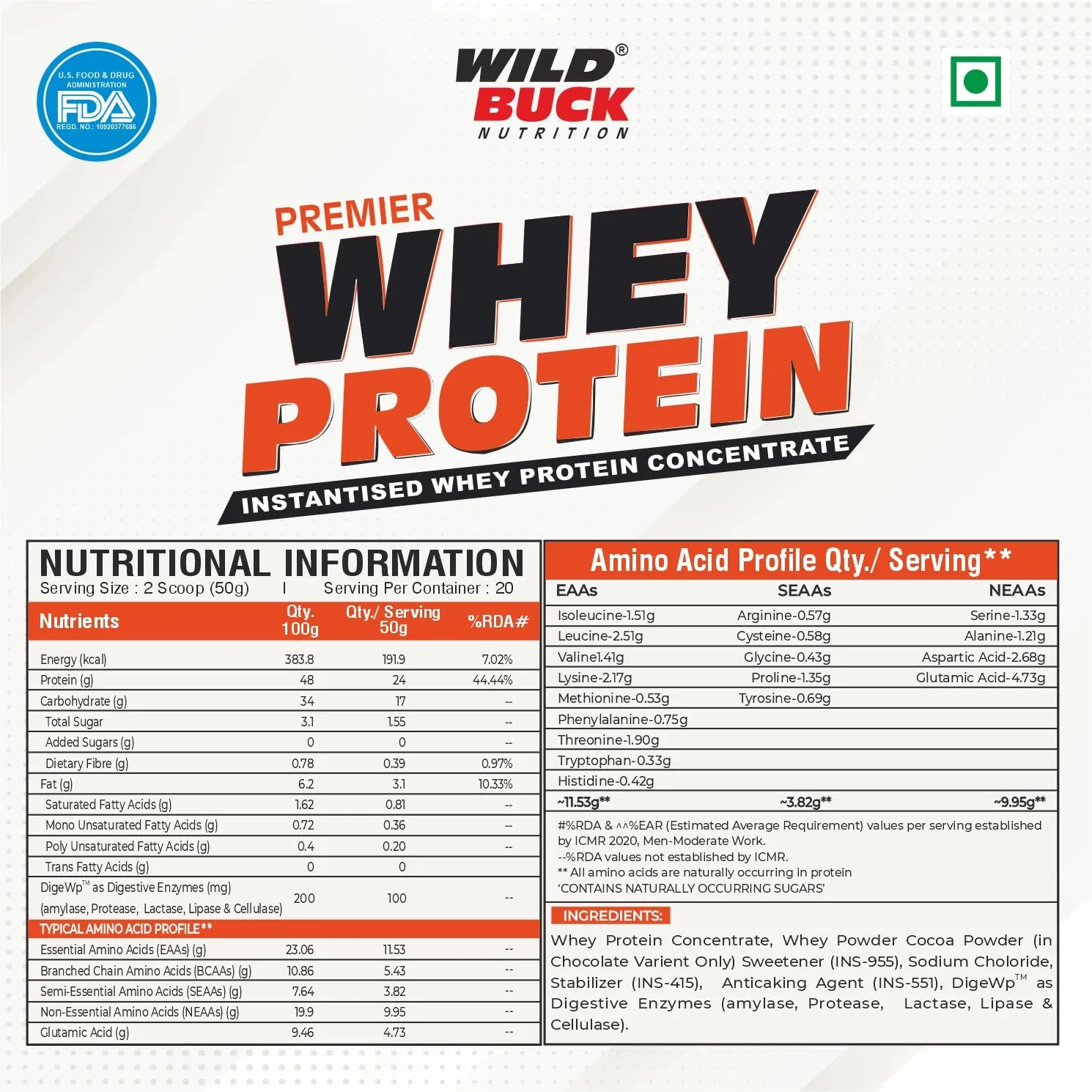 WILD BUCK Whey Protein Concentrate 100%,24G High Protein,5.43G Bcaa,11.53G Eaa & Added Digestive Enzymes|Muscle-Building Whey Protein Powder|Recovery & Muscle Growth|For Men & Women [1Kg,Rabdi Kulfi]