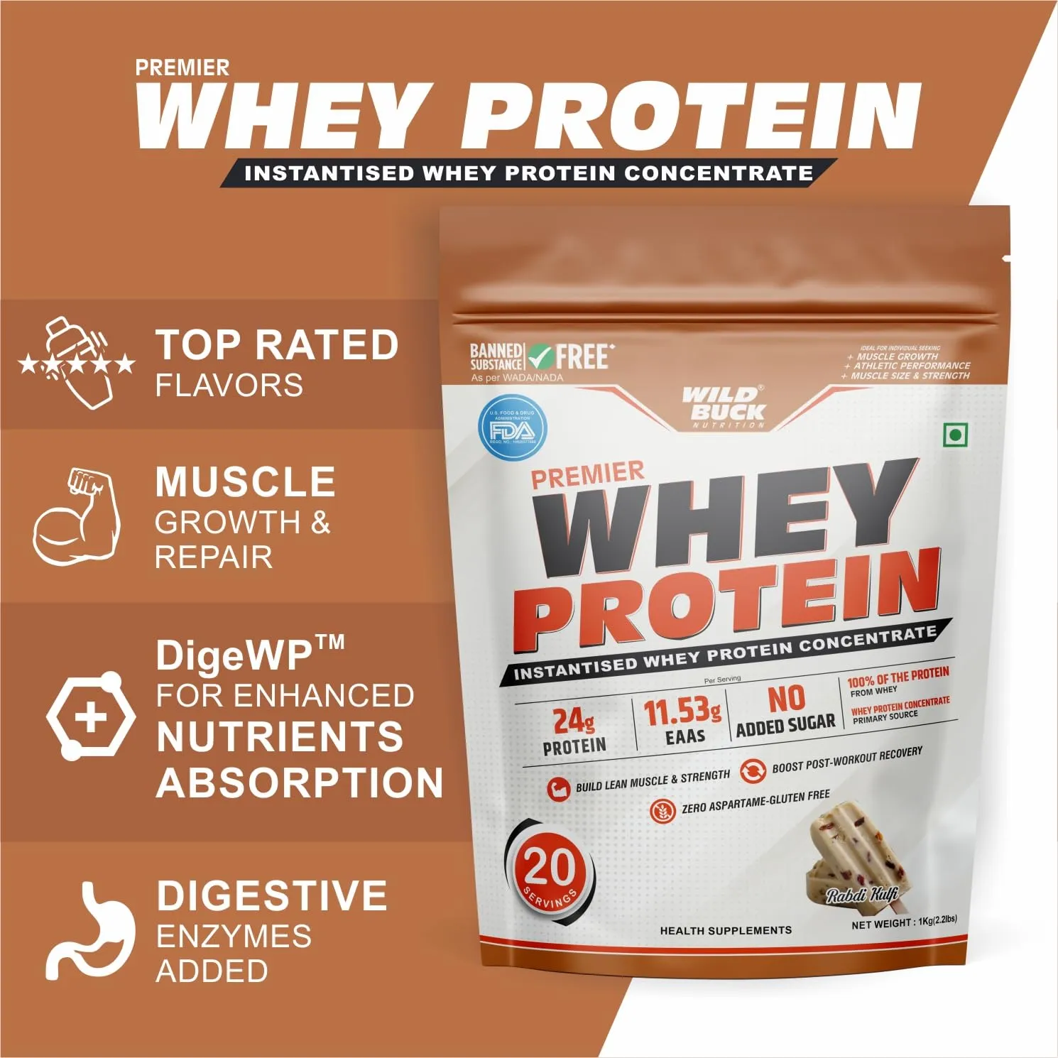 WILD BUCK Whey Protein Concentrate 100%,24G High Protein,5.43G Bcaa,11.53G Eaa & Added Digestive Enzymes|Muscle-Building Whey Protein Powder|Recovery & Muscle Growth|For Men & Women [1Kg,Rabdi Kulfi]