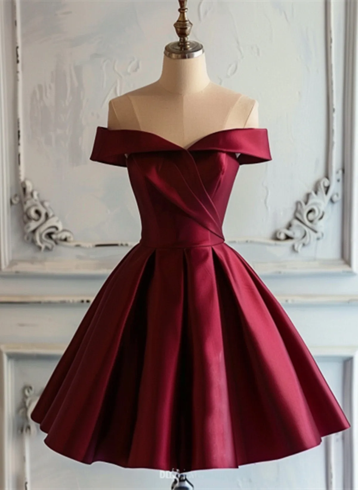 Wine Red Satin Off Shoulder Short Party Dress, Wine Red Homecoming Dress